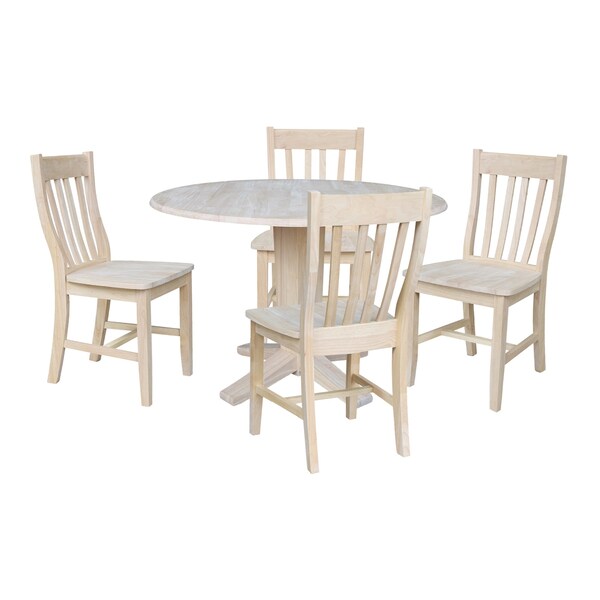 International Concepts 42 in Round Drop Leaf Pedestal Table with 4 Dining Chairs in Unfinished - 5 Piece Set K-42DPT-23B-C61-4 - main